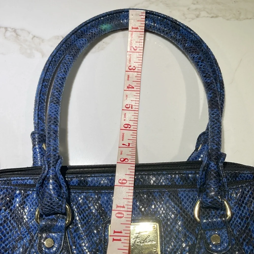 MARC FISHER Faux Snakeskin Shoulder Satchel, 3 Compartments,Navy/Black/Gold Trim - Picture 10 of 12